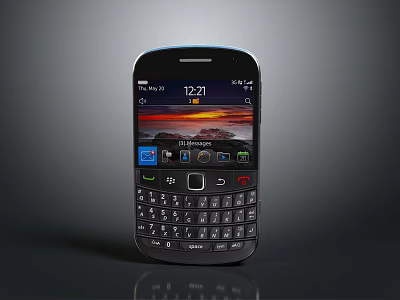 Mobile Phone With Physical Keyboard And Screen Displaying Time Date App Icons Sunset Background 3d model