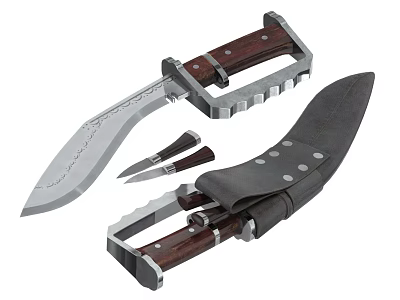 Tactical Curved Blade Weapon With Wooden Handle Metal Guard Small Knife And Black Sheath 3d model