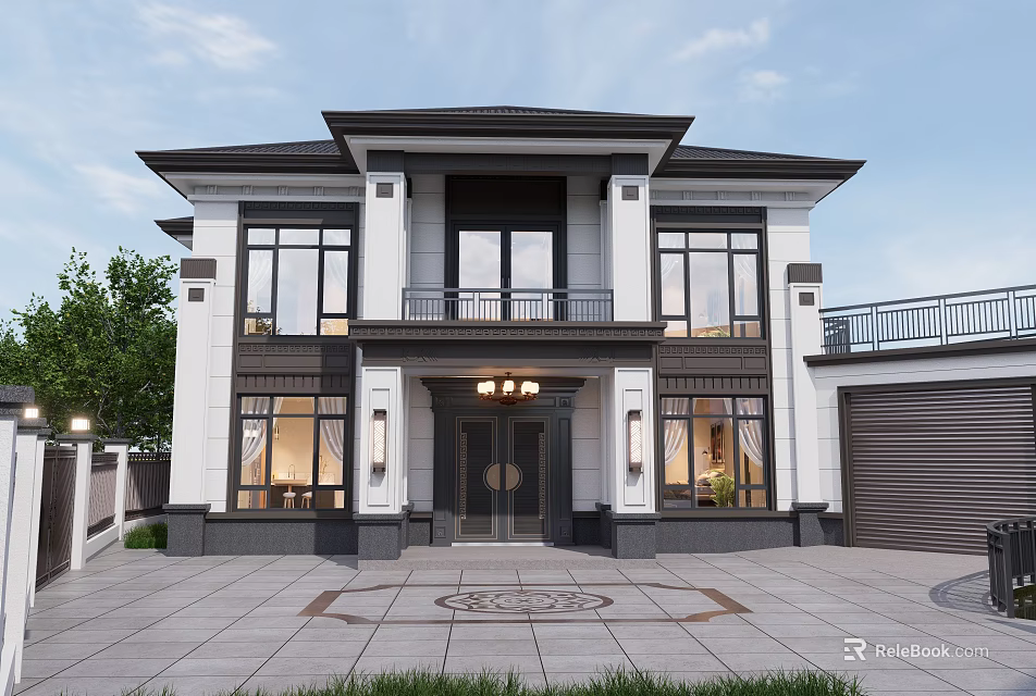 Neo Chinese Style Detached Villa With White Facade Black Roof And Front Door 3d model 