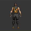 Game Character With Blue Hair Scarf Yellow Vest Wrist Guards Gray Pants And Boots