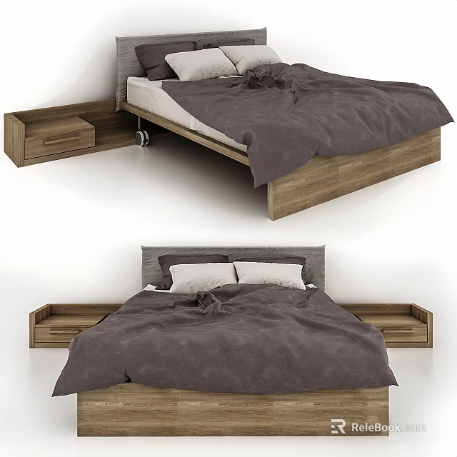 Wooden Double Bed With Gray Bedding And Storage Drawers Design 3d model