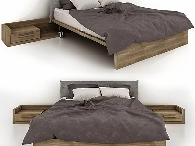 Wooden Double Bed With Gray Bedding And Storage Drawers Design 3d model