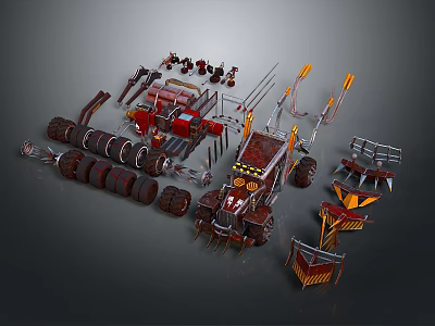 Post Apocalyptic Modified Car With Spiked Wheels Metal Parts And Decorative Structures 3d model