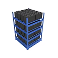 Blue Industrial Storage Rack With Multiple Black Storage Bins And Metal Frame