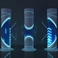 Futuristic Illuminated Columns With Blue Lighting And Geometric Patterns In Modern Tech Inspired Interior