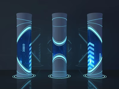 Futuristic Illuminated Columns With Blue Lighting And Geometric Patterns In Modern Tech Inspired Interior 3d model