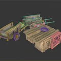 Vintage Wooden Carts And Market Stalls With Rustic Wooden Cages Display Setup