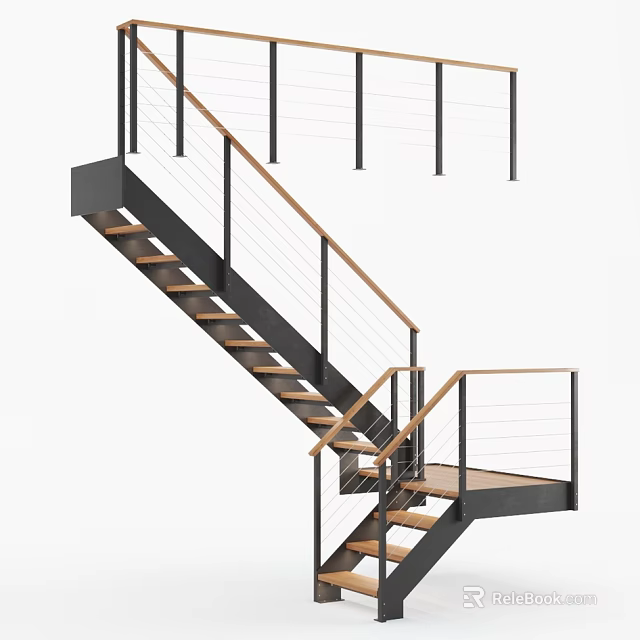 Modern Staircase Design With Wooden Treads Metal Railings And Sleek Black Frame Elements 3d model 