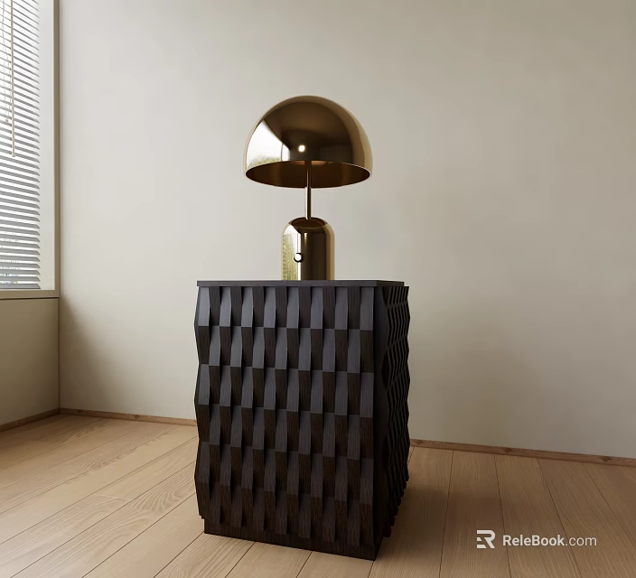 Modern Geometric Side Table With Dark Textured Design And Gold Lamp 3d model