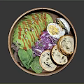 Fresh Healthy Salad in Wooden Bowl with Avocado Boiled Egg Bread Slices Lettuce and Red Cabbage