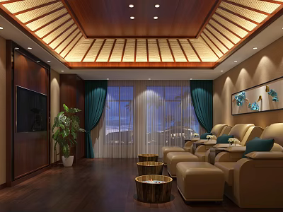 SPA Sauna Interior Design With Luxury Seats Coffee Tables Green Plants And Wooden Ceiling 3d model