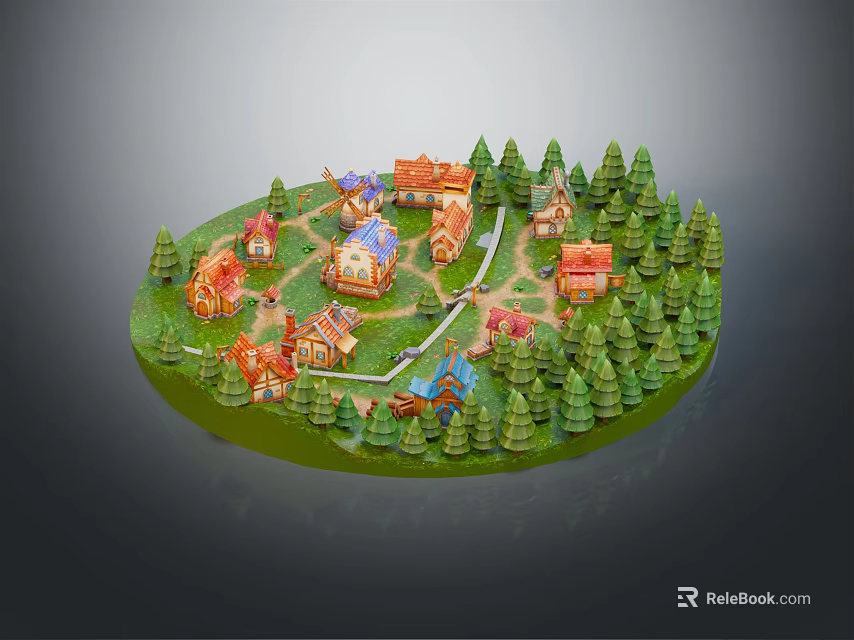 Cartoon Scene With Colorful Small Houses Green Pine Trees And Winding Paths 3d model 