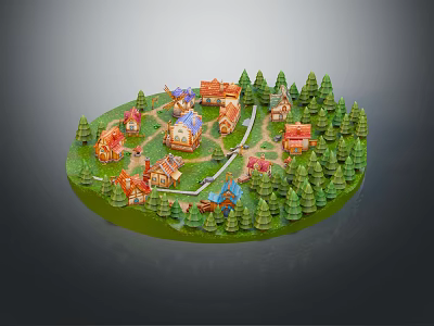 Cartoon Scene With Colorful Small Houses Green Pine Trees And Winding Paths 3d model