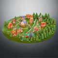 Cartoon Scene With Colorful Small Houses Green Pine Trees And Winding Paths