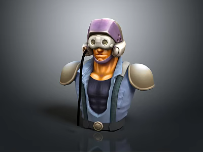 Game Movie Character With Purple Helmet Goggles Blue Vest Shoulder Armor And Suspenders 3d model