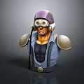 Game Movie Character With Purple Helmet Goggles Blue Vest Shoulder Armor And Suspenders