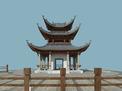 Chinese Traditional Pavilion With Multi Tiered Roof And Wooden Railings On Platform 3d model