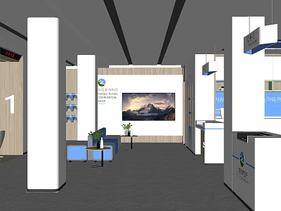 Modern Service Hall Interior With Service Counters Digital Screens And Waiting Area 3d model