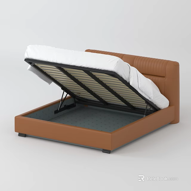 Brown Leather Double Bed With Stitched Frame Lifted Mattress And Storage 3d model 