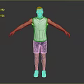 Man In White Tank Top And Blue Shorts Standing With Arms Outstretched On Gray Background