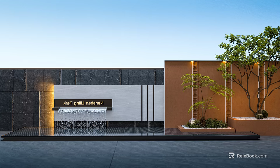 Modern Art Gallery Entrance With Building Facade Water Feature And Green Plants 3d model 