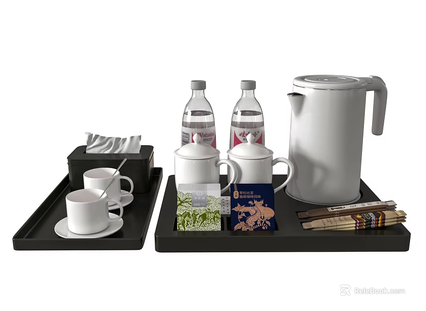 Elegant Tea Set with Black Trays White Teapot Cups Bottled Water and Tea Bags on 3d model 