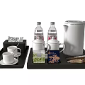 Elegant Tea Set with Black Trays White Teapot Cups Bottled Water and Tea Bags on