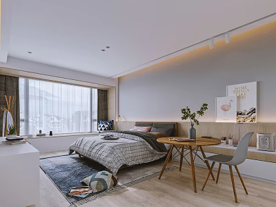 Modern Bedroom With Plaid Quilt Bed Window Curtains Wooden Table Chair Green Plant Decorative Painting 3d model