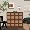 Wooden Decorative Cabinet with Rattan Panel Doors in Cozy Interior with Plant and Chair