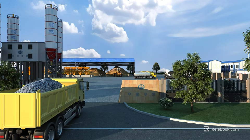 Industrial Factory Exterior With Silos Yellow Trucks Gravel Materials Blue Roof And Outdoor Road 3d model 
