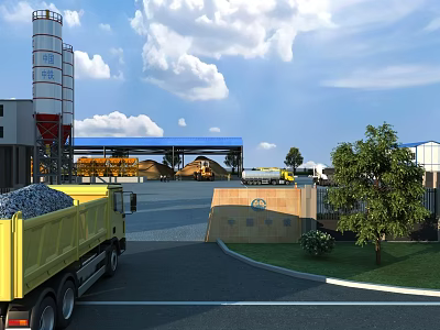 Industrial Factory Exterior With Silos Yellow Trucks Gravel Materials Blue Roof And Outdoor Road 3d model