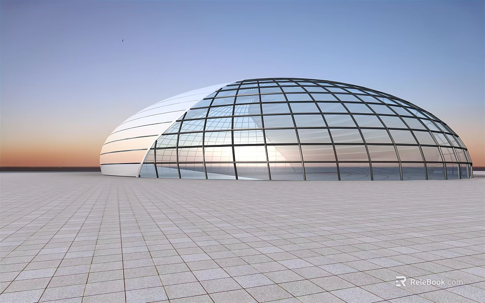 Modern Glass Dome Building With Spacious Tiled Square And Sunset Sky 3d model