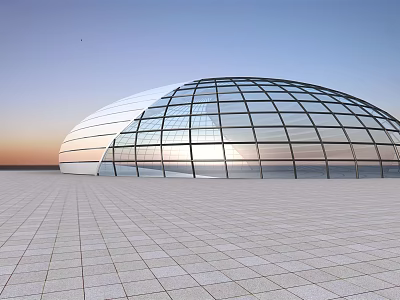 Modern Glass Dome Building With Spacious Tiled Square And Sunset Sky 3d model