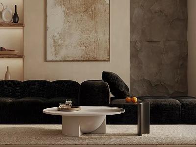 Modern Living Room Interior With Black Three Seater Sofa Decorative Pillows And Round Coffee Table 3d model