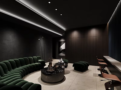 Dark Private Room With Green Sofa Round Coffee Table Wooden Walls And Bar Counter 3d model