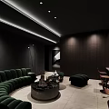 Dark Private Room With Green Sofa Round Coffee Table Wooden Walls And Bar Counter