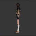 Futuristic Woman With Short Black Hair Green Crop Top Beige Shorts And Mechanical Arm