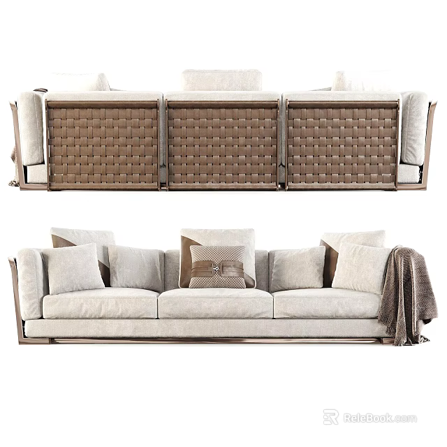 Modern Three Seater Sofa With Woven Texture Multiple Cushions And Throw Blanket 3d model