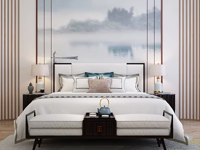Elegant Double Bed with Traditional Chinese Landscape Painting Background and Nightstands Table Lamps Bed Bench 3d model
