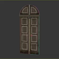 Wooden Double Door Design With Arched Top Glass Panels And Decorative Frames