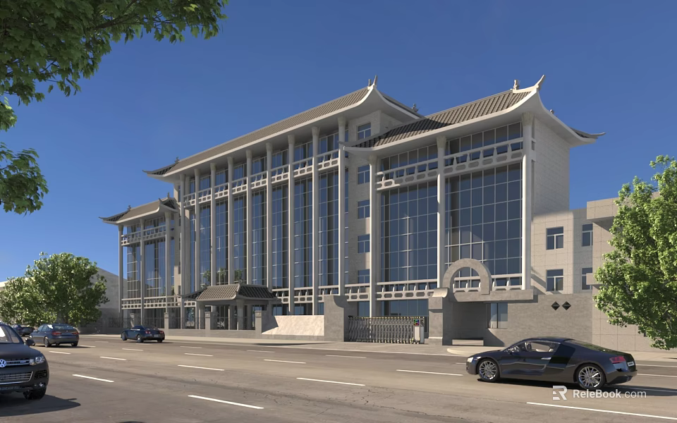 Chinese Style Office Building With Traditional Roof And Large Glass Windows On Urban Street 3d model 