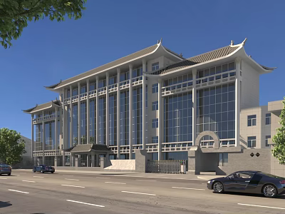 Chinese Style Office Building With Traditional Roof And Large Glass Windows On Urban Street 3d model