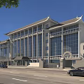 Chinese Style Office Building With Traditional Roof And Large Glass Windows On Urban Street