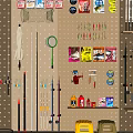Sports Equipment Organized On Pegboard Wall With Shelves Holding Fishing Rods And Gear