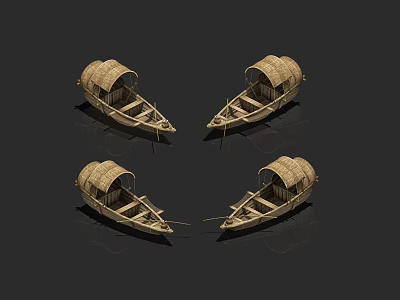 Four Traditional Wooden Boats With Bamboo Canopies Symmetrically Arranged On Dark Background 3d model