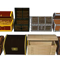 Various Open And Closed Wooden Chests With Gold Coins And Metal Accents Designs