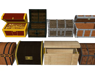 Various Open And Closed Wooden Chests With Gold Coins And Metal Accents Designs 3d model