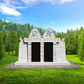 White Garden Ornament With Carved Portraits Inscriptions In Green Lawn And Trees Under Blue Sky
