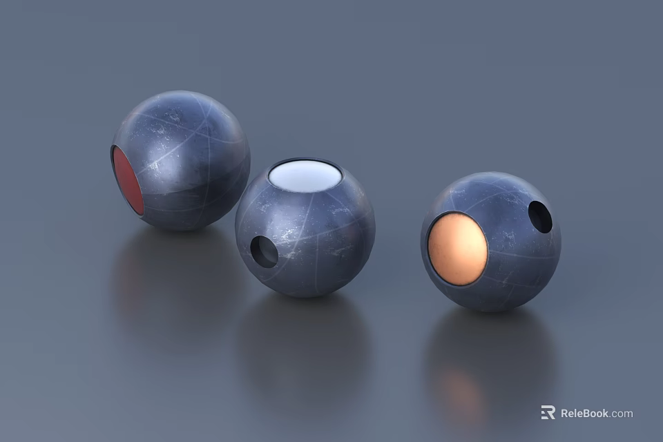 Military Weapon Balls With Three Different Textured Designs And Red White Orange Accents 3d model 