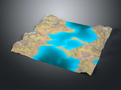 3D Topographic Decorative Model With Blue Water And Multicolor Terrain Features 3d model
